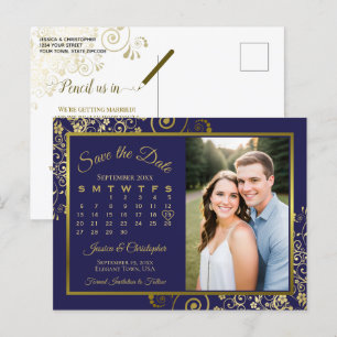 Carte Postale Faire-part Calendrier de mariage Navy & Gold Enregistrez la d