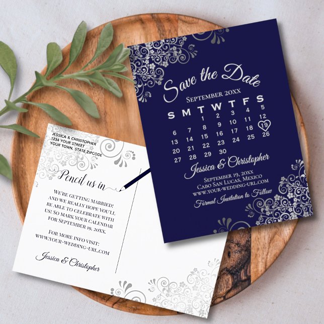 Carte Postale Faire-part Calendrier de mariage Navy Silver Frills à conserv (Front and Back)