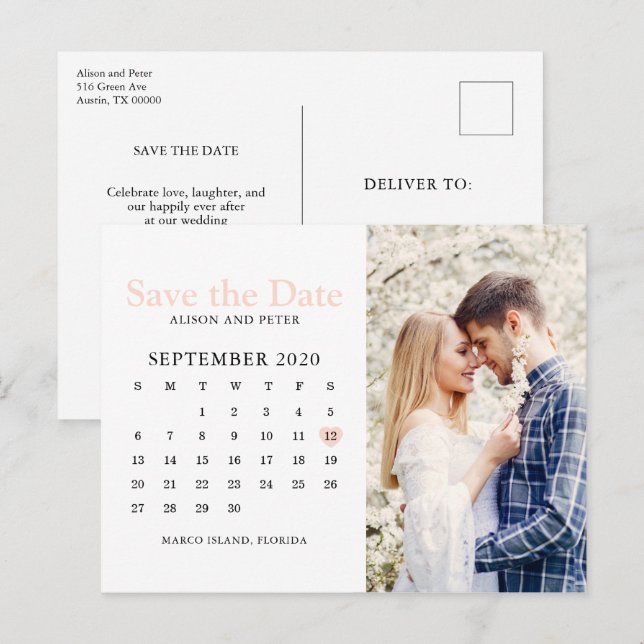 Carte Postale Faire-part Calendrier de mariage photo "Blush Pink" pour save (Devant / Derrière)