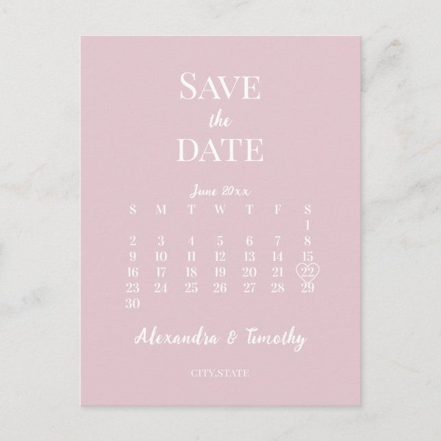 Carte Postale Faire-part Calendrier de mariage rose champagne moderne minim (Devant)