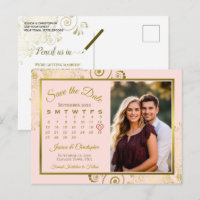 Calendrier de mariage rose et or pour annoncer la