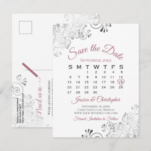 Carte Postale Faire-part Calendrier de mariage Rose Poussiéreux & Blanc pou