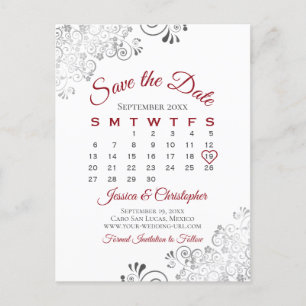 Carte Postale Faire-part Calendrier de mariage rouge, gris et blanc pour an