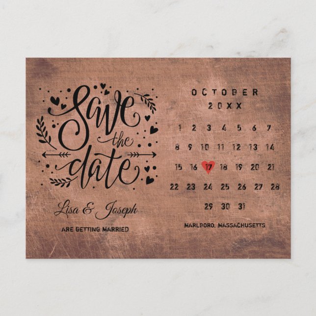 Carte Postale Faire-part Calendrier de mise en vente en bois rustique Cœur  (Devant)