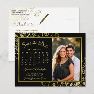 Carte Postale Faire-part Calendrier de photo de mariage noir et or "Save th