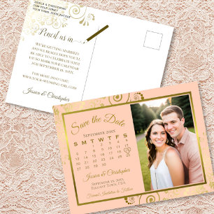 Carte Postale Faire-part Calendrier de photo de mariage Peach & Gold pour a