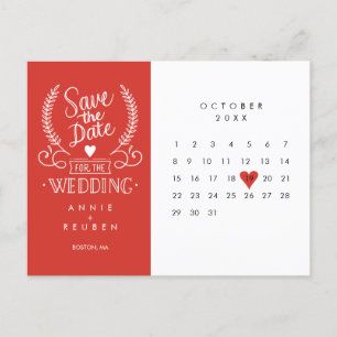 Carte Postale Faire-part Calendrier de sauvegarde de date Rouge Coeur d'amo