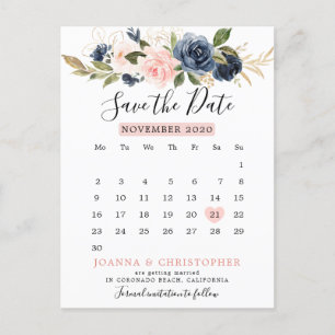 Carte Postale Faire-part Calendrier floral bleu marine Enregistrer la date