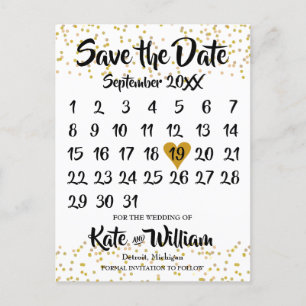 Carte Postale Faire-part Calendrier Gold Love Heart Enregistrer la date