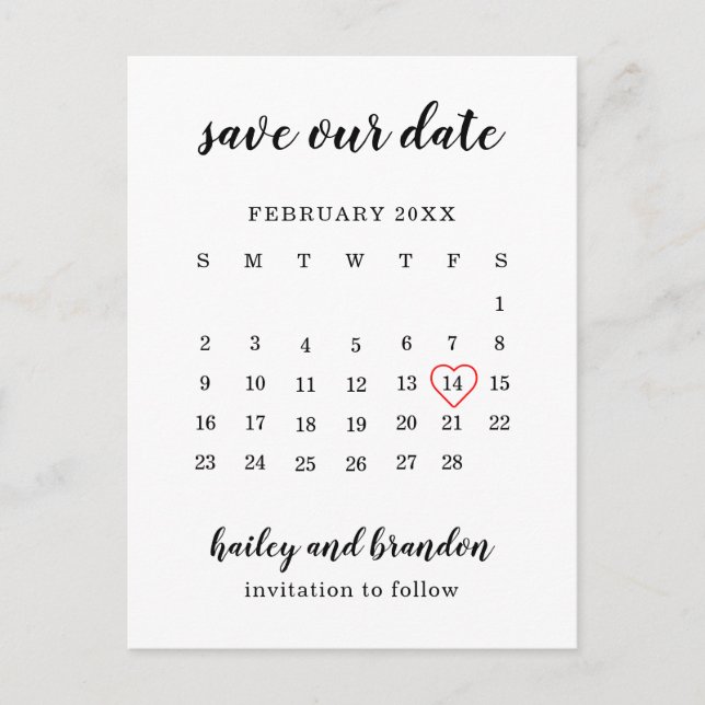 Carte Postale Faire-part Calendrier moderne Mariage au coeur rouge Enregist (Devant)