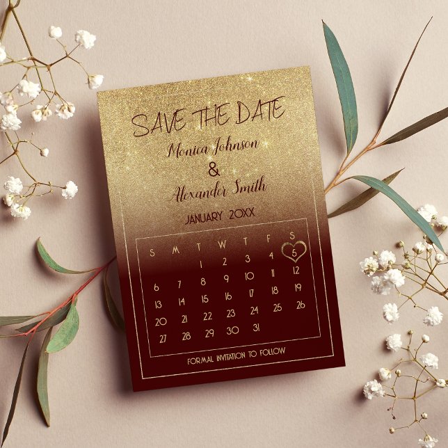 Carte Postale Faire-part Calendrier Pailletté Or et Bourgogne Glam Enregist (Glam Burgundy Gold Glitter Calendar Save the Date)