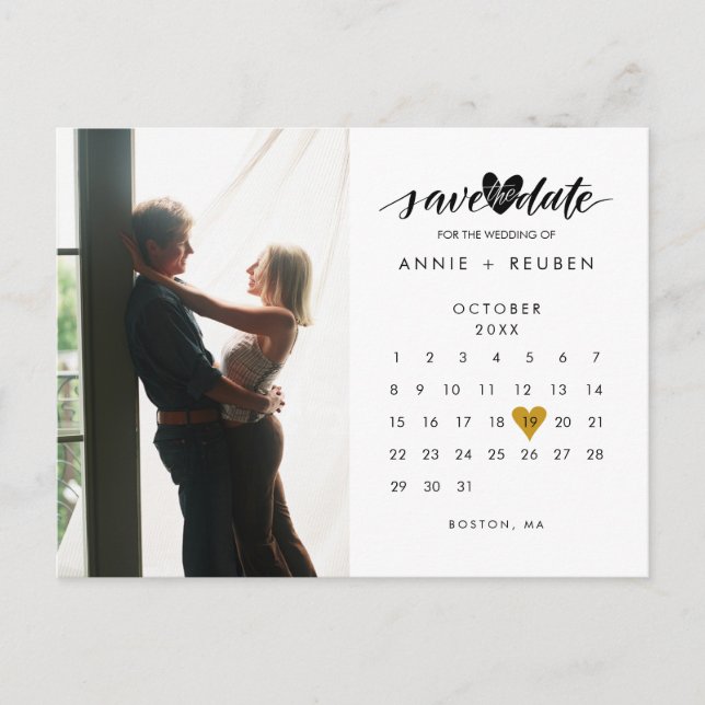 Carte Postale Faire-part Calendrier photo Elegant Gold Heart Enregistrer la (Devant)