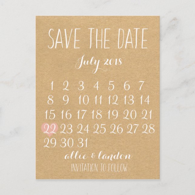 Carte Postale Faire-part Calendrier pour sauvegarder la date (Devant)