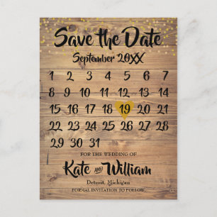 Carte Postale Faire-part Calendrier Rustic Wood Gold Love Heart Enregistrer