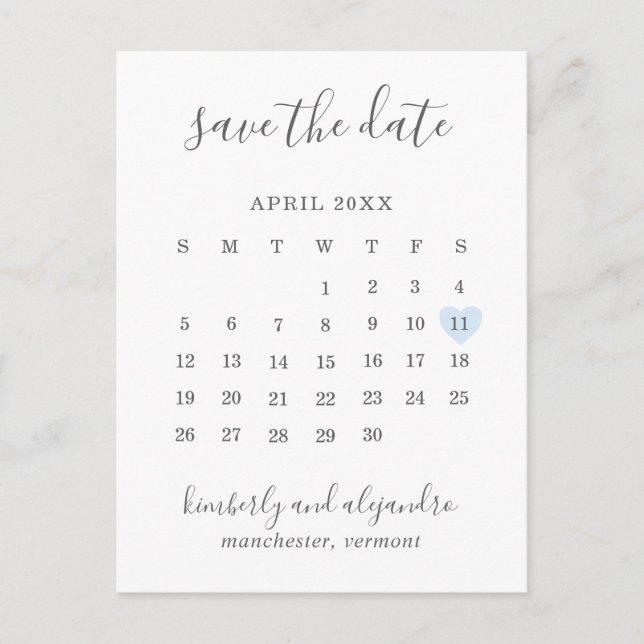 Carte Postale Faire-part Calendrier simple bleu pastel cœur enregistrer la  (Devant)