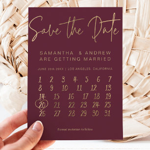 Carte Postale Faire-part Calendrier simple or bordeaux enregistrer la date