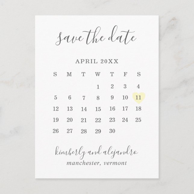 Carte Postale Faire-part Calendrier simple Pastel Coeur Jaune Enregistrer l (Devant)