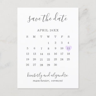 Carte Postale Faire-part Calendrier simple Pastel Purple Heart Enregistrer 