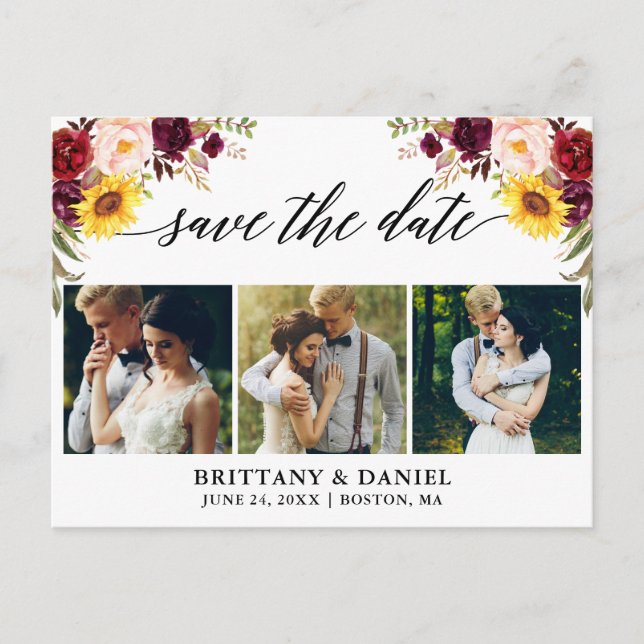 Carte Postale Faire-part Calligraphie Fleurs Mixtes Save The Date 3 Photo (Devant)