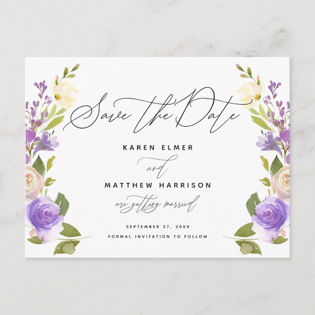 Carte Postale Faire-part Calligraphie Florale Violet Enregistrer La Date (Devant)