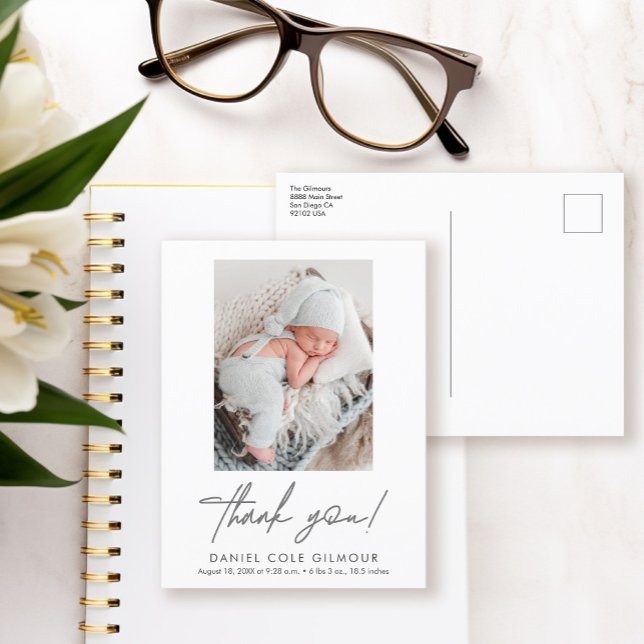 Carte Postale Faire-part Calligraphie manuscrite Merci bébé Photo naissance (Modern Thank you script, custom photo baby birth announcement postcard.)