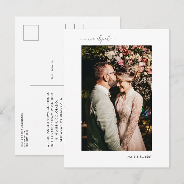 Carte Postale Faire-part Calligraphie moderne Photo Juste Marié Elopement (Devant / Derrière)
