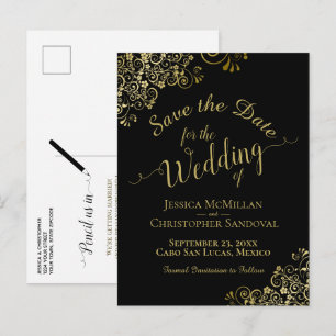 Carte Postale Faire-part Calligraphie or Mariage Enregistrer la date Noir