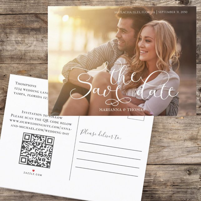 Carte Postale Faire-part Calligraphie Script Photo simple Code QR Site Web (Créateur téléchargé)