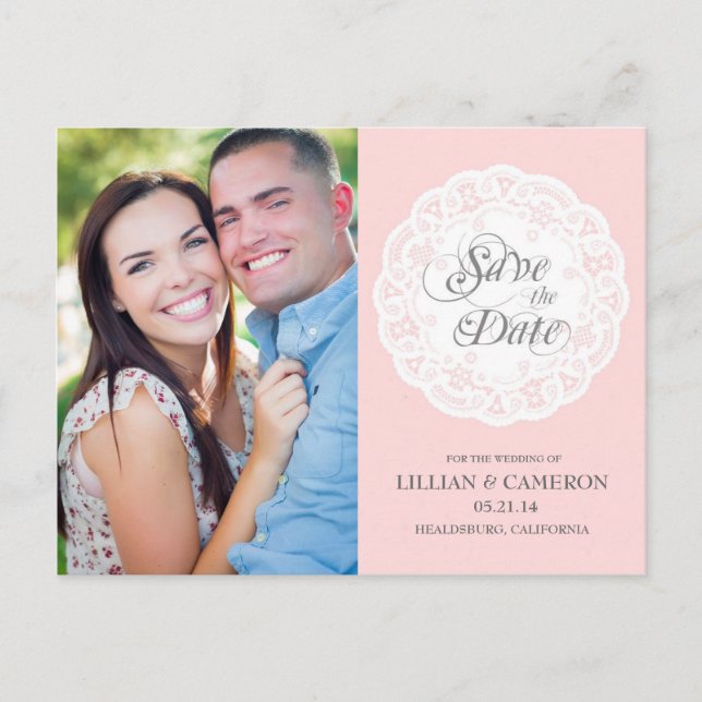 Carte Postale Faire-part Carton d'invitation à l'avance en dentelle rose bl (Devant)