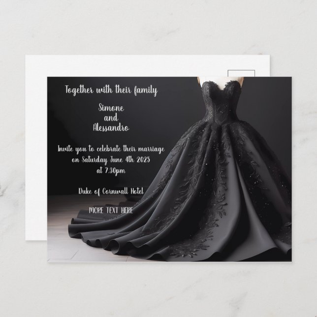 Carte Postale Faire-part Carton d'invitation de robe de mariée noire (Devant / Derrière)