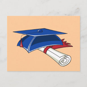 Carte Postale Faire-part Casquette de graduation bleu avec un scroll et une