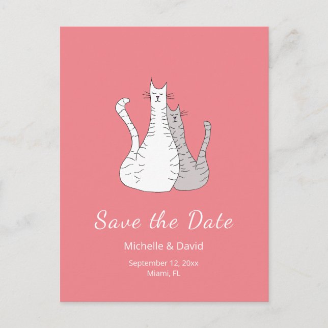 Carte Postale Faire-part Cats Dessin Mariage simple Enregistrer la date ros (Devant)