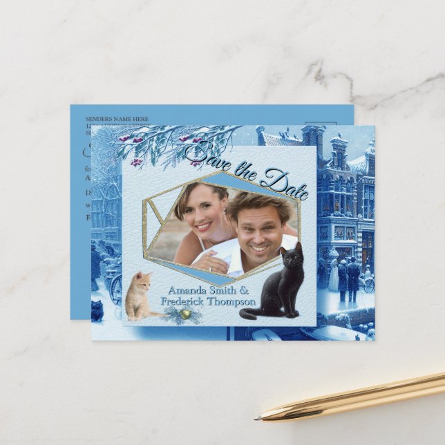 Carte Postale Faire-part Célébrations d'hiver dans la neige, avec Kittens (Devant/Arrière en situation)