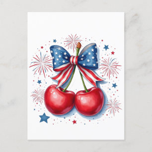 Carte Postale Faire-part Cerises avec nœud coquet 4 juillet américain