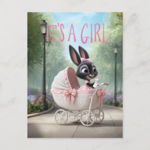 Carte Postale Faire-part C'est une fille : Bébé Lapin Mignon Rose Chariot V