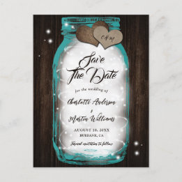 Carte Postale Faire-part Chaîne Mason turquoise Lumières Mariage en bois ru