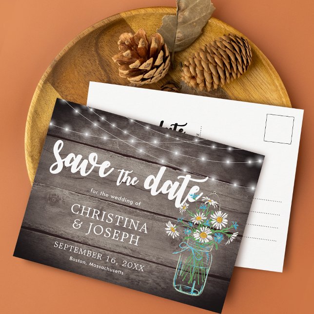 Carte Postale Faire-part Chaîne Rustique Lights Mason Jar Enregistrer La Da (Rustic String Lights Mason Jar Save The Date Announcement Postcard)