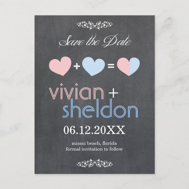 Carte Postale Faire-part Chalkboard Hearts Wedding Enregistrer la date (Devant)