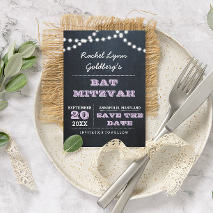 Carte Postale Faire-part Chalkboard Lights Lilac Bat mitzvah Enregistrer la