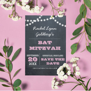 Carte Postale Faire-part Chalkboard Lights rose Bat mitzvah Enregistrer la