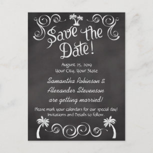 Carte Postale Faire-part Chalkboard Palm Tree Beach Wedding Enregistrer la