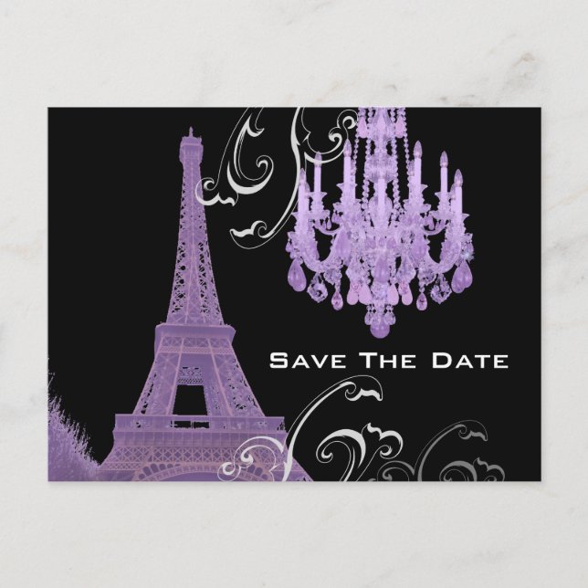 Carte Postale Faire-part Chandelier violet Effiel Tower Enregistrer La Date (Devant)