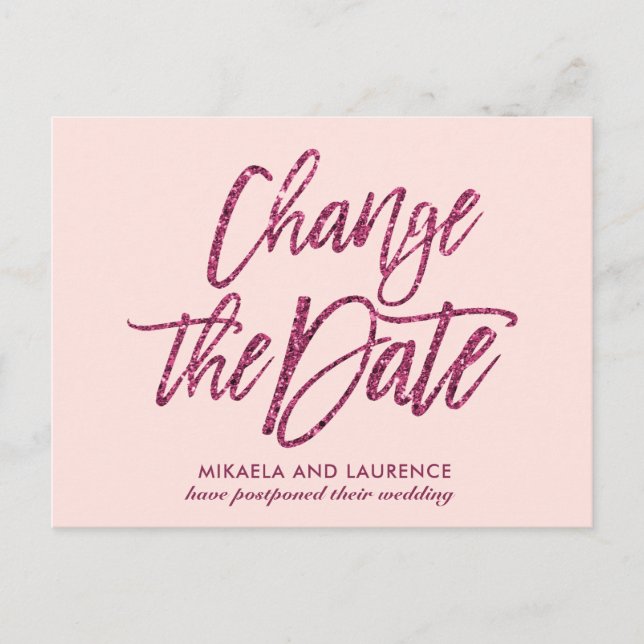 Carte Postale Faire-part Changement de date d'écriture pailletée rose pâle  (Devant)