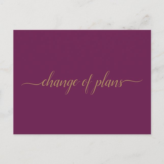 Carte Postale Faire-part Changement de plans Mariage reporté Or & Cassis (Devant)