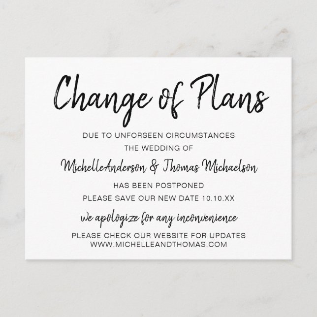 Carte Postale Faire-part Changement de plans simple noir et blanc (Devant)