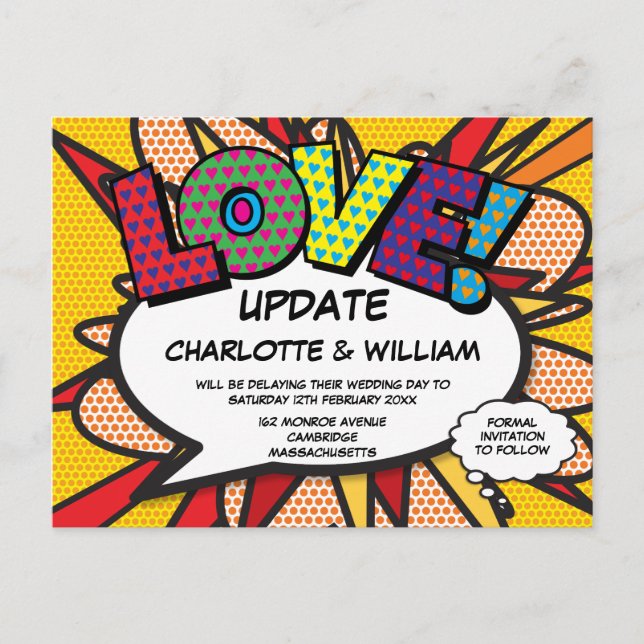 Carte Postale Faire-part Changement Reporté La Date Comic Book LOVE (Devant)