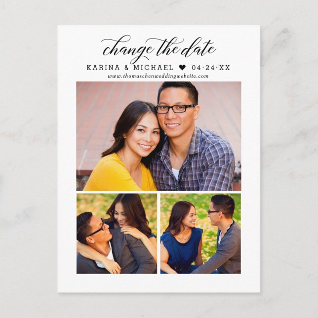 Carte Postale Faire-part Changer la date Modern Black Script Photo Collage (Devant)
