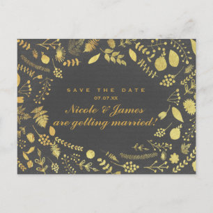 Carte Postale Faire-part Charcoal Grey & Gold Floral Enregistrer La Date Ca