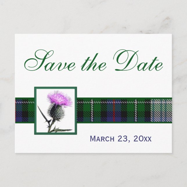 Carte Postale Faire-part Chardon vert, blanc Tartan Enregistrer la date Car (Devant)