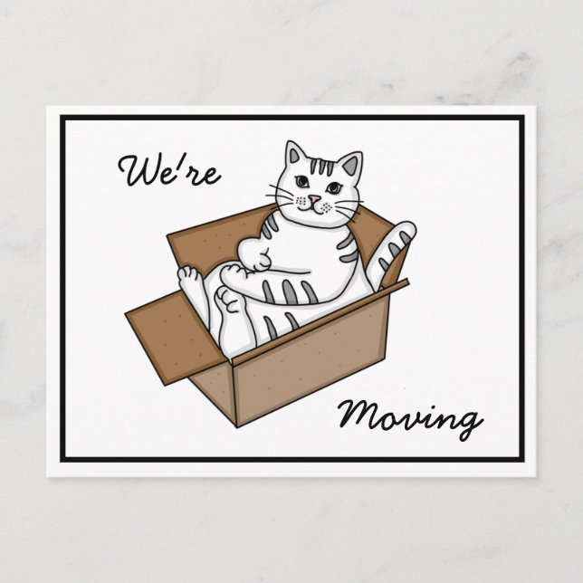 Carte Postale Faire-part Chat dans une boîte "We're Moving" Nouvelle adress (Devant)